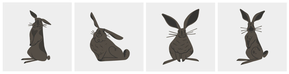 Hand drawn abstract vector graphic clipart illustration collection with blue adorable cute,realistic bunny characters.Trendy kids modern design concept.Vector contemporary New Year and Easter symbol.