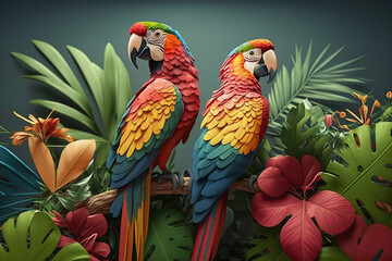 Tropical rainforest with two macaw parrot bird , generative AI