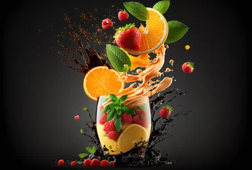 Foto op Canvas Blender with fruit flying, isolated on black background, fruit juice and splash. Generataive AI © Zelma