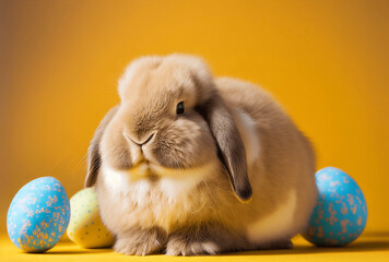 Cute fluffy bunny with colorful Easter eggs on yellow background. Illustration AI