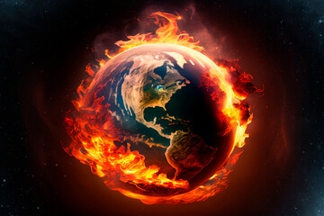 AI generated. Planet earth burning in fire.