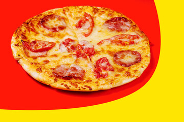 Pizza with tomatoes with cheese and salami