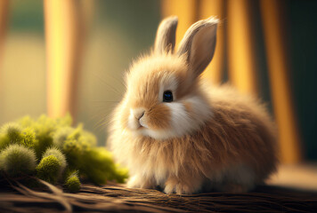 Cute small fluffy brown bunny. Illustration AI