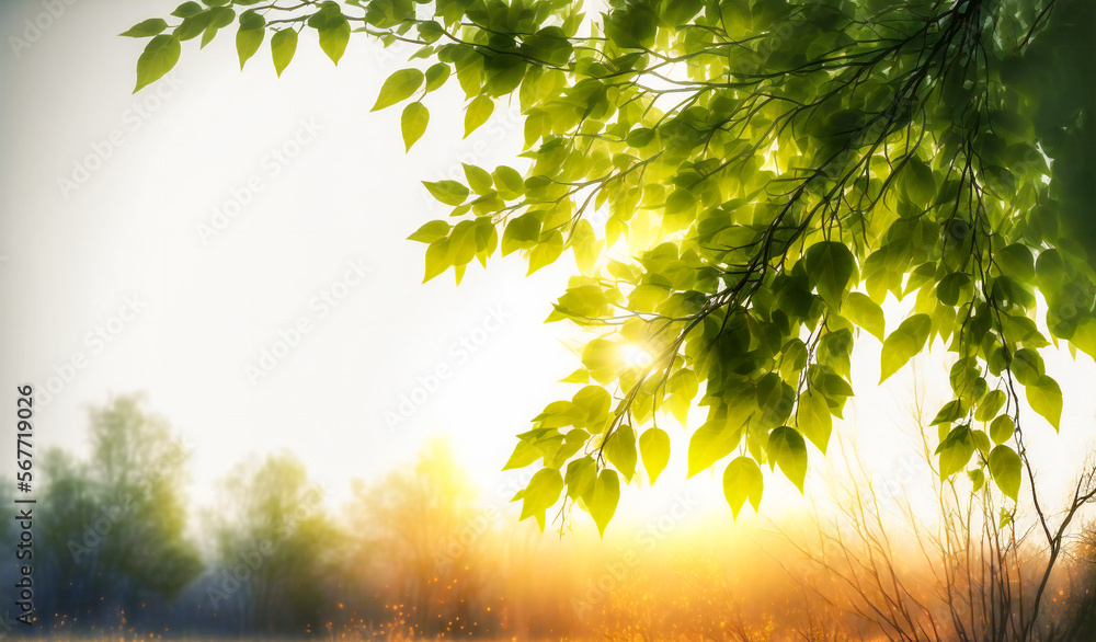 Aufkleber green leaves spring background with copyspace. sun behind. fictional. created with generative ai tec