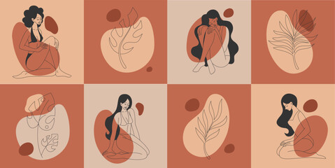 Beauty female body positive, organic plants. Woman art skin, hair, minimal linear lingerie, bikini promo, sensuality curvy character. Square card or poster. Vector tidy illustration logo
