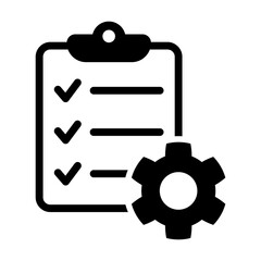 Clipboard and gear icon. Project management concept flat style. Technical support check list with cog. Software development concept. Vector illustration for web and app.