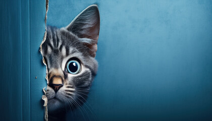 frightened cat hidding behind blue background. generative ai - obrazy, fototapety, plakaty