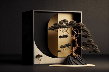 Oriental stand for commercial advertising. Ecological wood podium for show product. Ornamental mockup with geometrical luxury pedestal. Black and white with a bonsai. 3D rendering.
