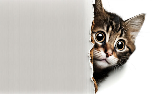 frightened cat hidding behind white background. generative ai