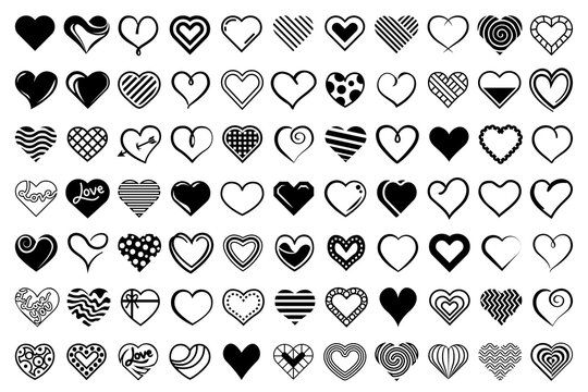 Black and white heart icons. Love emotion symbols. Vector heart designs isolated on white background.