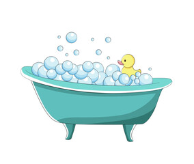 Hand drawn doodle sketch vector illustration with bathroom, bubbles and duck, children daily plan cartoon illustration.
