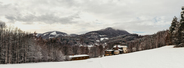 Beskydy in snow winter. Panorama view.