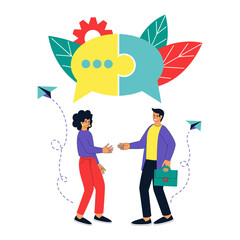 People dialogue. Corporate negotiation. Persons handshake. Communication concept. Puzzle connection. Business network. Building work consulting. Chat in phone. Vector tidy illustration