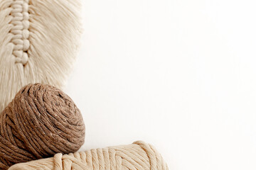 Macrame leaf.Beautiful layout of materials for macrame. Hobby concept, copy space.