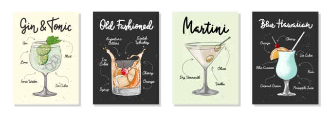 Foto op Plexiglas Set of 4 advertising recipe lists with alcoholic drinks, cocktails and beverages lettering posters, wall decoration, prints, menu design. Hand drawn typography with sketches. Handwritten calligraphy. © AkimD