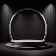 Empty black podium or stage on black background with light reflectors. Platform for product presentation. Illustration AI