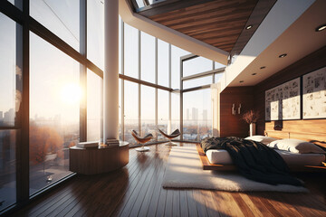 Luxury modern penthouse interior house with panoramic windows, warm wood, generative ai
