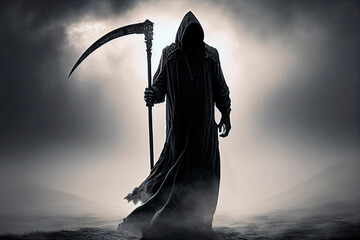Grim reaper, generative ai death illustration of a scary,  horror shot - obrazy, fototapety, plakaty