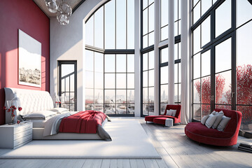 Luxury modern penthouse interior house with panoramic windows, royal red, generative ai