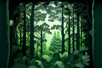 Beautiful green forest. Paper art. Creative spring background. Illustration AI