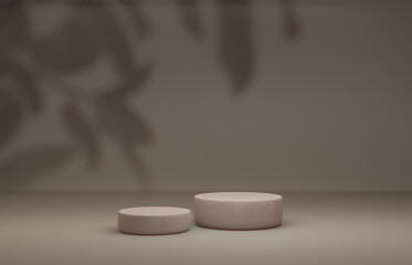 3D background, marbl pedestal podium on natural  leaf shadow pastel beige backdrop. Tropical product promotion Beauty cosmetics marble display. Nude Studio Minimal showcase 3D render advertisement 