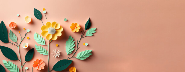 Paper cut spring flowers with copy space. Creative spring background with mockup space. Illustration
