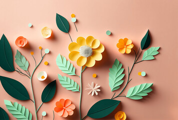 Paper cut spring flowers. Creative spring background. Illustration AI