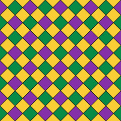 Mardi Gras seamless pattern. Fleur de lis checkered background. Green, purple and yellow background. Vector template for carnival decorations