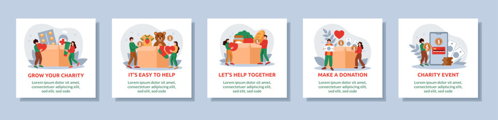 People donate food and clothing. Charity help app. Community give money. Work from heart. Support welfare fund. Humanitarian assistance. Square banners set. Vector mobile tidy concepts