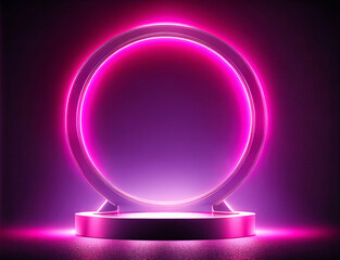 Empty neon podium or pedestal for product presentation. Glowing neon circle with platform with mockup space. Illustration