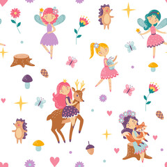 Cute girls, childish fairy pattern. Fantasy baby princess with forest animals, fox and deer wallpaper for nursery, kids and flowers. Decor textile, t-shirt print. Vector seamless tidy background © Natalia