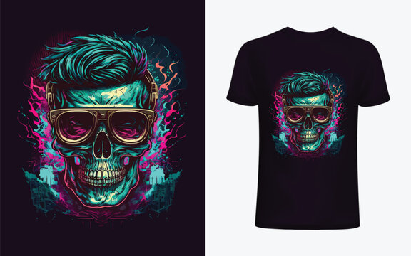 Neon Hipster Skull With Sunglass For T Shirt Design, Gaming Logo, Poster, Banner Etc.