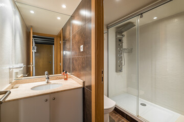 Spacious bathroom with separate toilet area and an electronic shower cabin and washbasin on vanity with large full-wall mirror reflecting entrance door to bathroom. Chocolate colored marble walls.