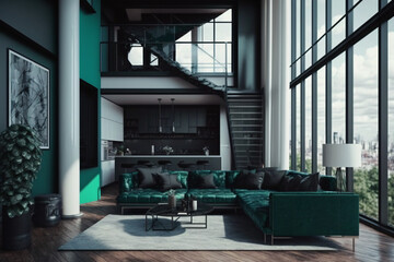 Luxury modern penthouse interior house with panoramic windows, dark green, generative ai