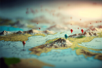 Majestic Landscapes of the World's Highest Mountains with Adventure Pins and High Relief Maps. Ai Generative
