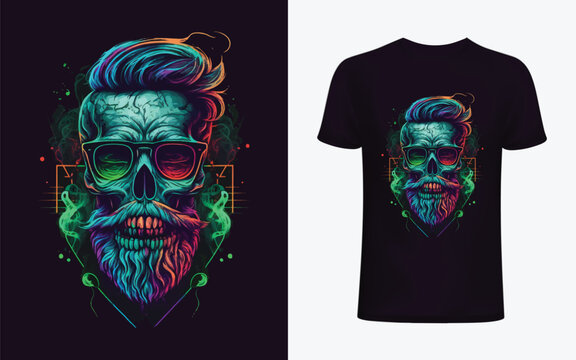 Neon Hipster Skull With Sunglass For T Shirt Design, Gaming Logo, Poster, Banner Etc.