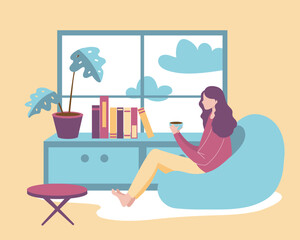 Big isolated cartoon style happy young  woman drinking coffee in side home for stay healthy, flat vector illustration