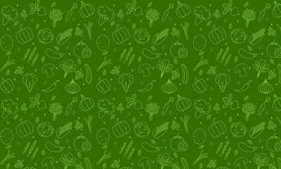 Food background, vegetables seamless pattern. Healthy eating - tomato, garlic, carrot, pepper, broccoli, cucumber line icons. Vegetarian, farm grocery store vector illustration, green white color