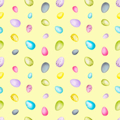 Seamless watercolor pattern with Easter decor on a yellow background. Watercolor design for packaging, wrapping, wallpaper, fabric, textile..