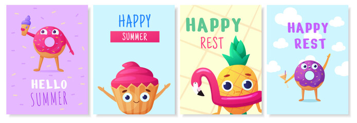 Summer children cupcakes. Happy food characters. Pineapple with inflatable flamingo. Watermelon float party. Candy in sunglasses. Smiling donuts vacation. Vector recent design posters set