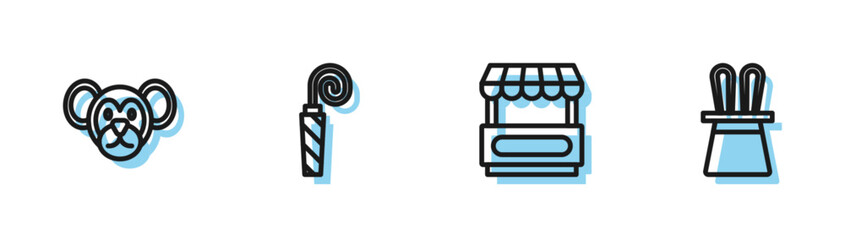 Set line Fast street food cart, Monkey, Birthday party horn and Magician hat and rabbit ears icon. Vector