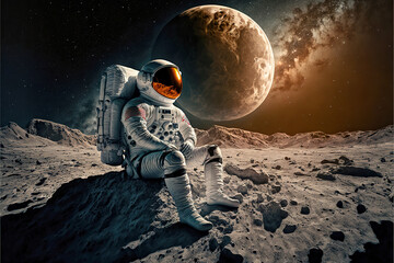 Astronaut Sitting on the Moon Enjoying Sunrise - AI Generative