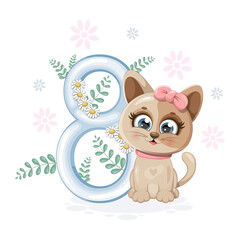 Beautiful card with cartoon kitten and number 8