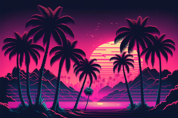 Palms and beach retro style. Created with generative Ai technology.