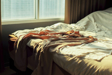 Selective focus on the cotton pants and t shirt on the bed and messy blanket with sunrise from the window