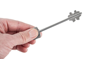 Isolated shot of holding house keys on a white background