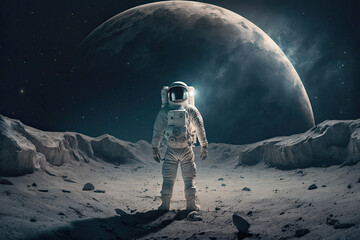 Fototapeta na wymiar An astronaut stands on an unknown planet, with another planet visible behind them. ia generated
