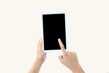 Hand holding blank screen phone or smartphone or tablet for template on white background.