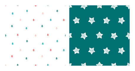 Set of 2 seamless patterns with tiny tree and white stars