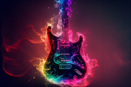 Guitar with fire and flames. Silhouette of the guitar of splash paint. Multicolor.